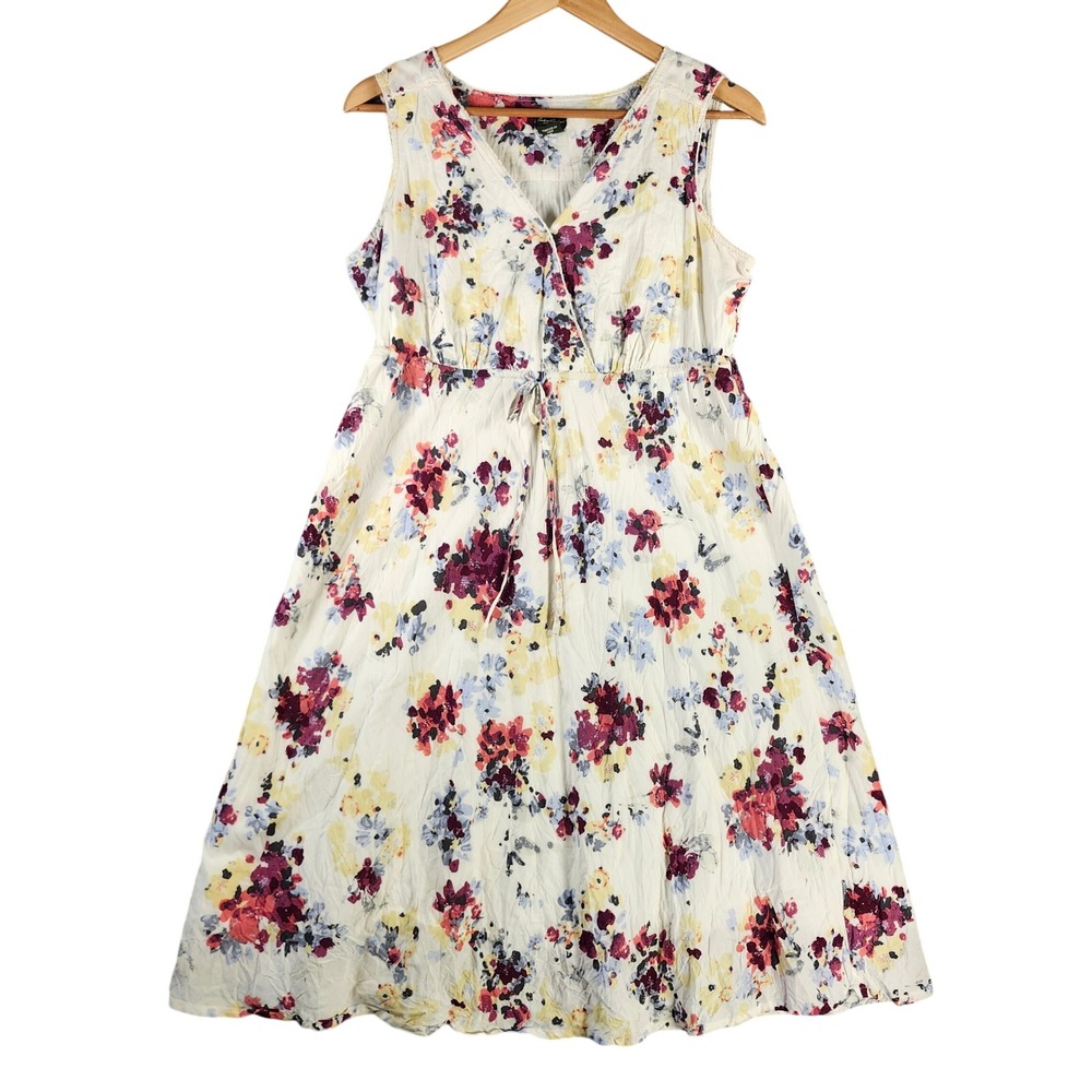 Eddie Bauer Floral Fit & Flare Dress Womens 10 White Purple Sleeveless V-Neck